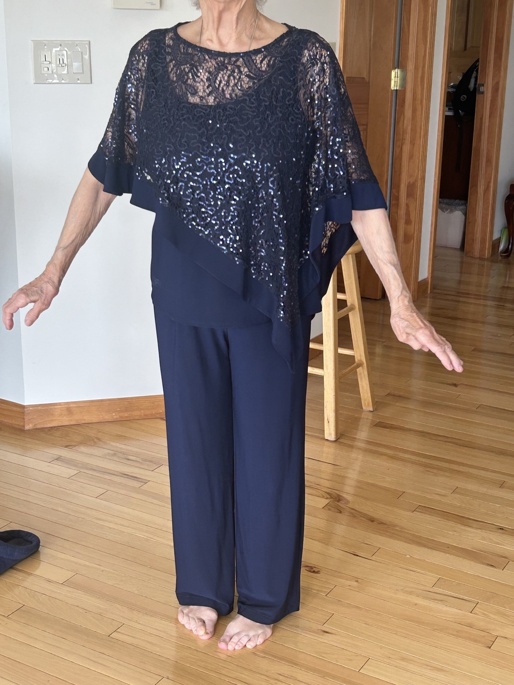 R&M Richards Navy Sequin Lace Wide-Leg Pant Suit